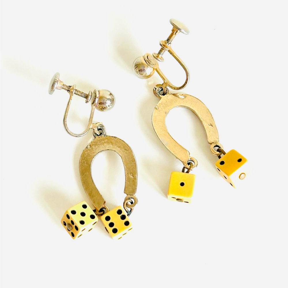 Vintage Horsehoe Dice dangling screw on earrings.